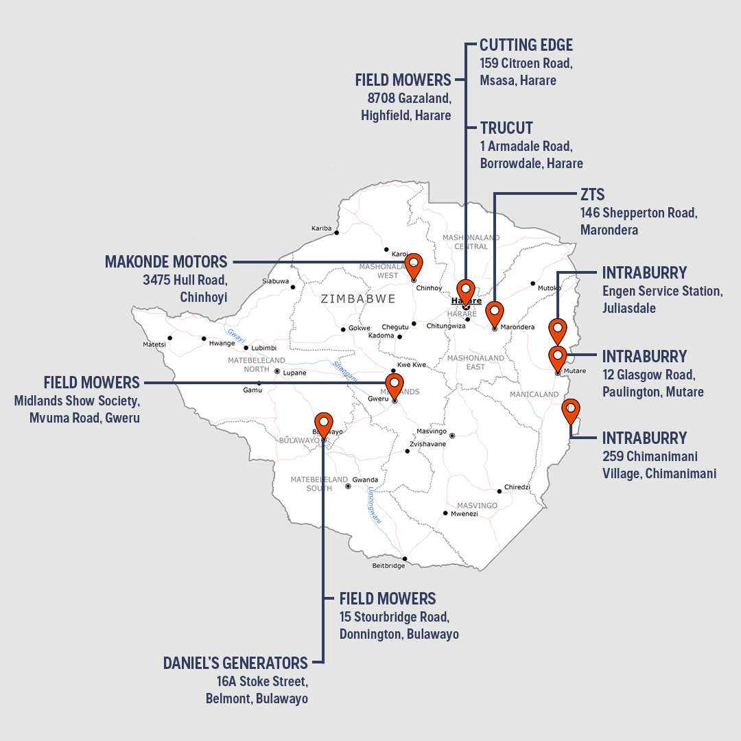 Husqvarna Service Dealer map for Zimbabwe