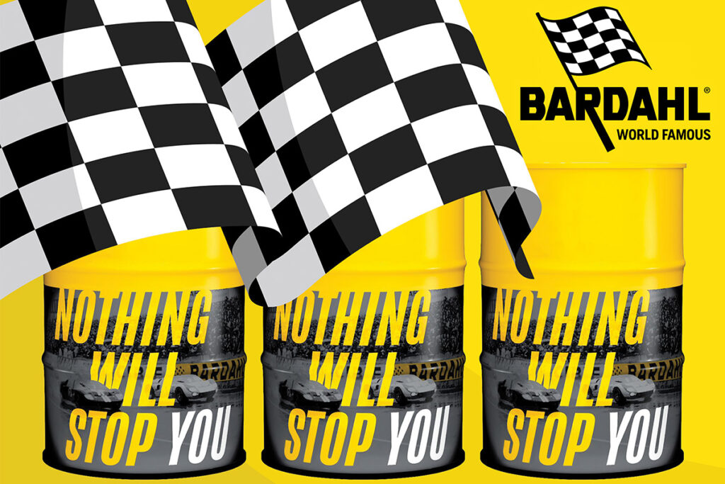 A graphic design of three Bardahl oil drums on a yellow background with a large chequered flag waving above them.