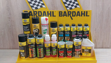 The complete range of Bardahl products on a display stand at Cutting Edge in Zimbabwe.