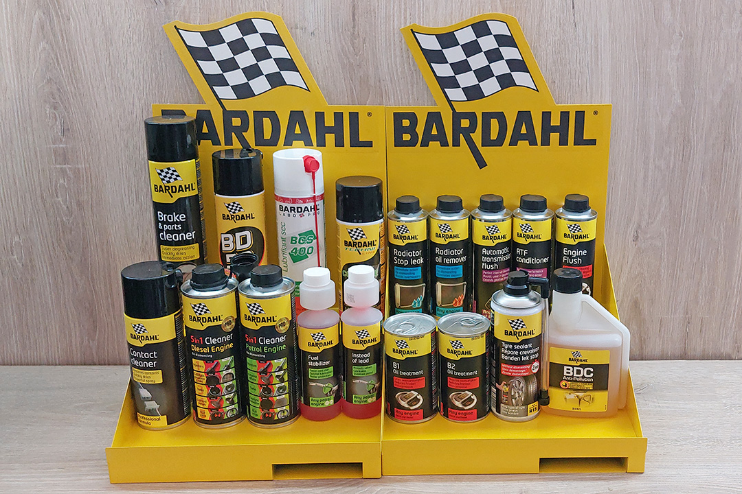 The complete range of Bardahl products on a display stand at Cutting Edge in Zimbabwe.