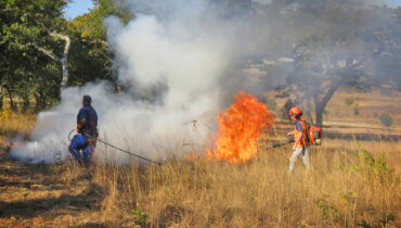 Two men fight a fire using Husqvarna and Hunter firefighting equipment in Zimbabwe