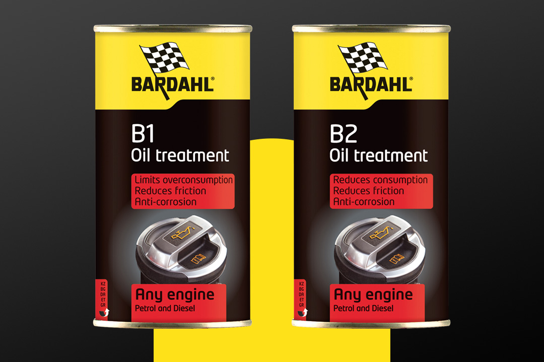 A graphic design with Bardahl B1 and B2 Oil Treatments side-by-side.